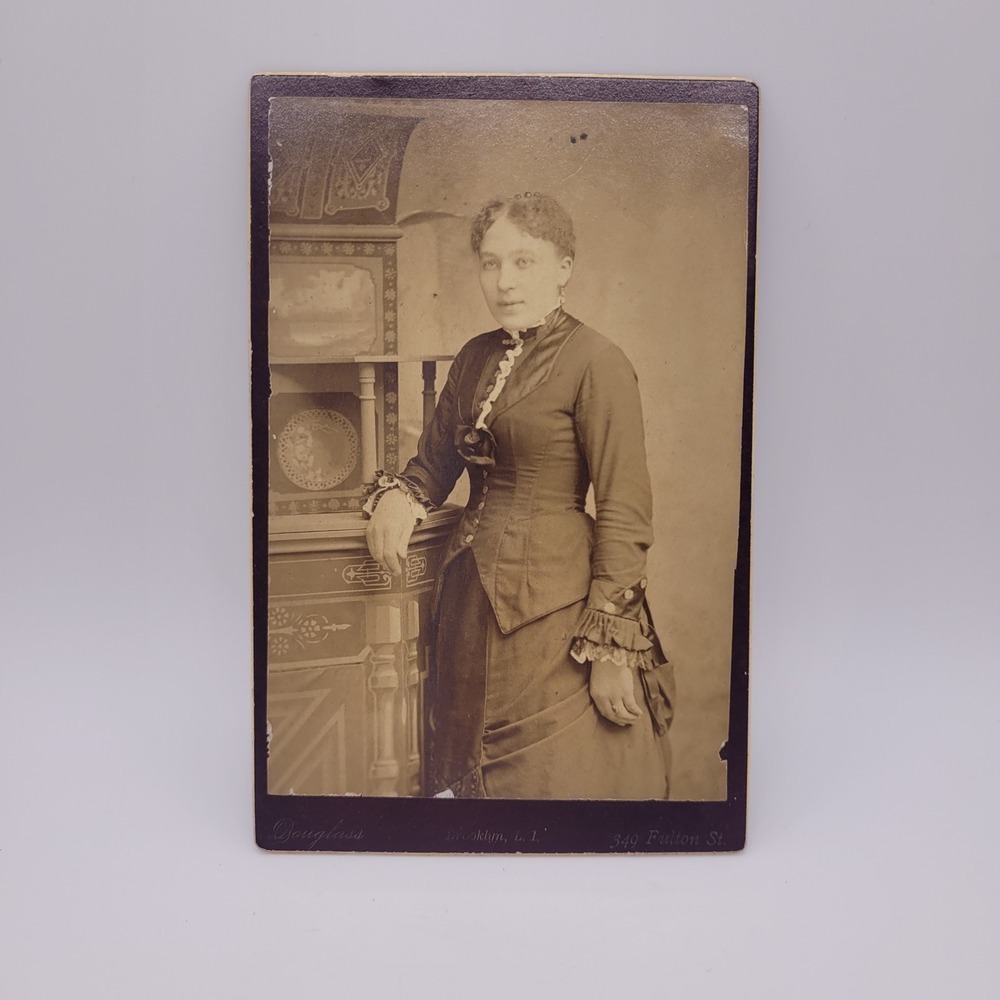 Antique Victorian Woman in Ruffled Dress Cabinet Card Photo Douglass Brooklyn NY